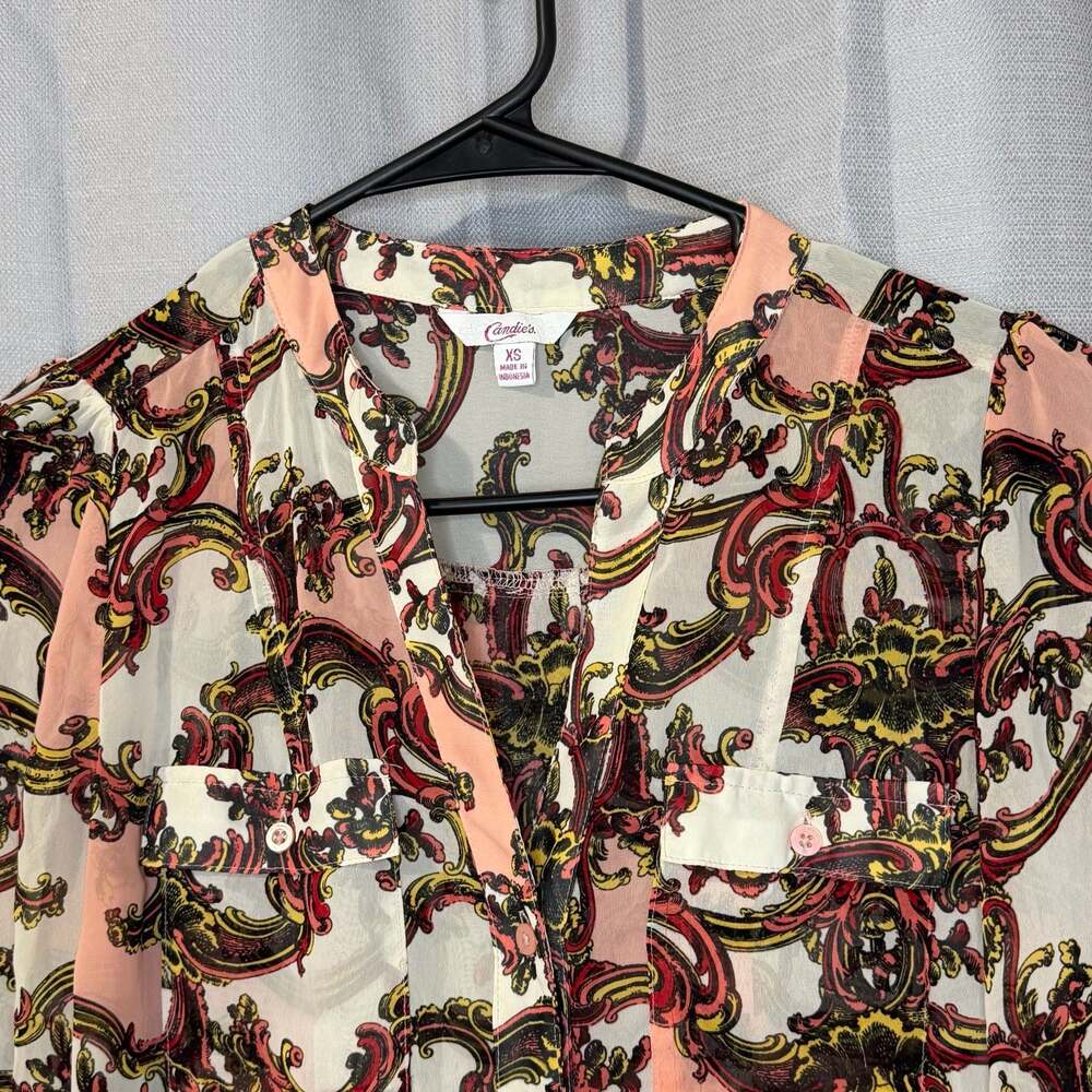 Candie's Women's Pink Multi-Color Baroque Print Sheer Long Sleeve Women’s Top